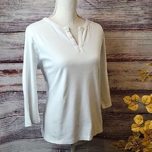 NEW L.L. BEAN WHITE 3/4 SLEEVE SPLIT V NECK PULLOVER TOP TEE